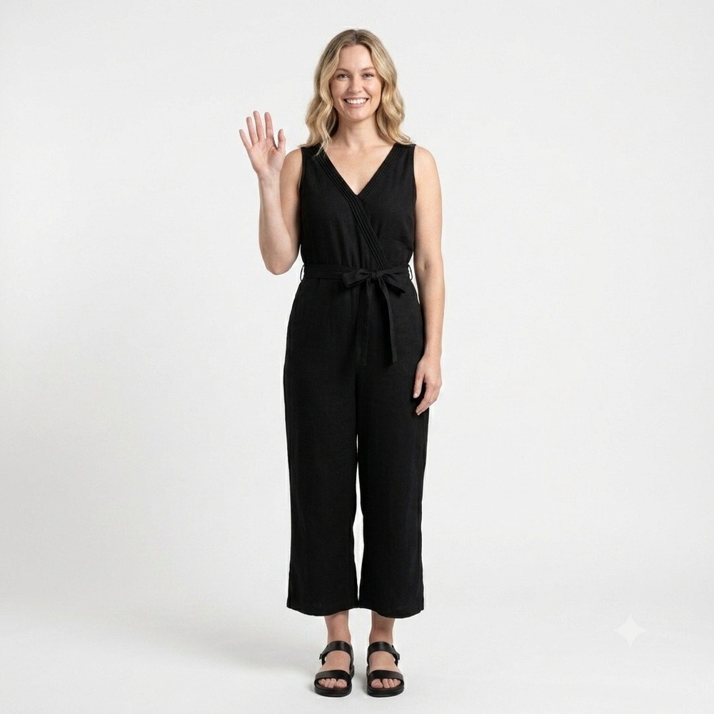 KUHL Fresco Jumpsuit Women S Black Linen Tencel Cropped V-Neck 4300 **NEW**